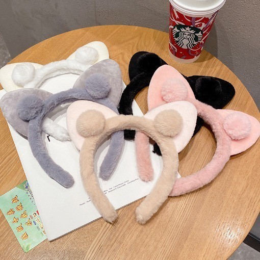 POPmaker Bando Telinga Kucing Bulu Pom Pom Wanita - Gambar 2