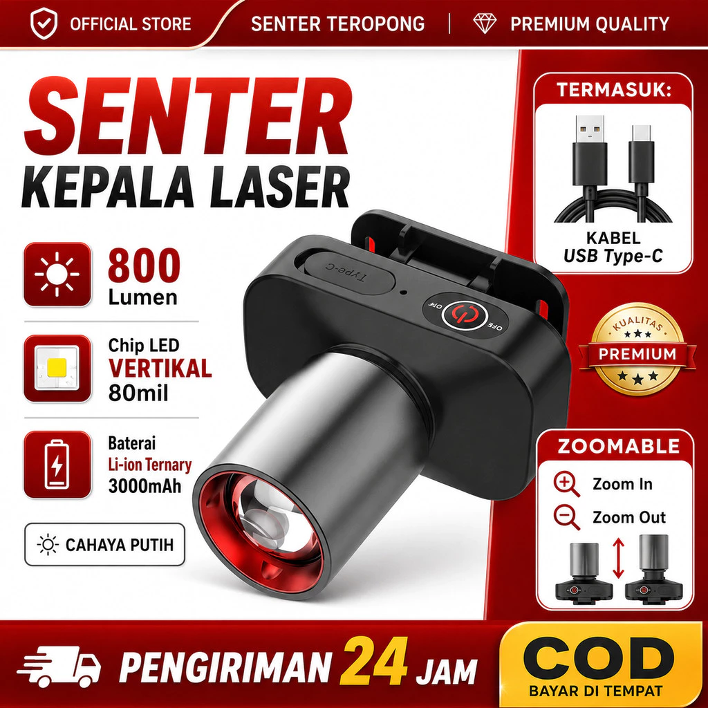 Senter Kepala Zoom 60W Fokus & Penyebaran Zoom 1200 Lumen Tahan Air IPX65 Zoom Senter Headlamp Rechargeable 3 Mode Cahaya