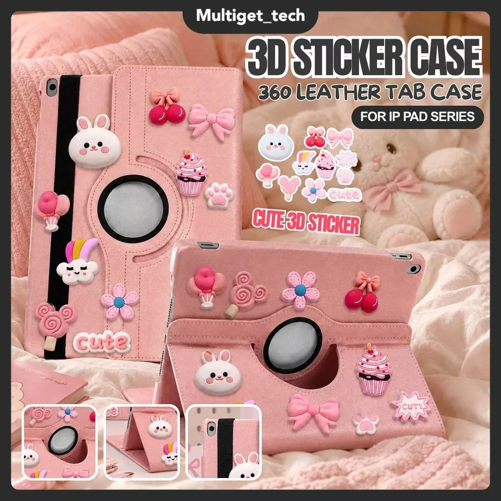 Cute Rabbit Pink Leather Flip iPad Gen 11th Gen 10 10.9" Air 4/5/6 10.9" Pro 11 Inch Cover Cartoon Cute 360 Rotatable Stand Mini 1 2 3 4 5 6 7