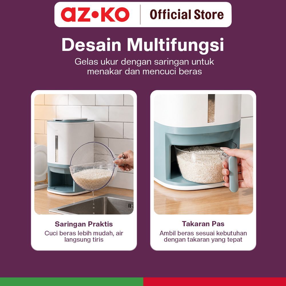 AZKO Culinart Tempat Beras Plastik Dengan Pengukur Dan Saringan 12 Kg - Putih Bin Beras Storage Rice Kontainer Gabah Rice Keeper - Gambar 3