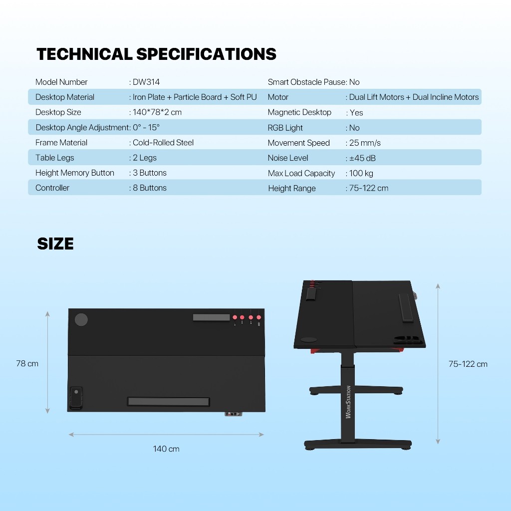 Fantech WorkStation DW314 / DW-314 Meja Kerja Gaming Elektrik Adjustable Desk Dual Motor Ergonomic Incline Smart Lift Table - Gambar 3