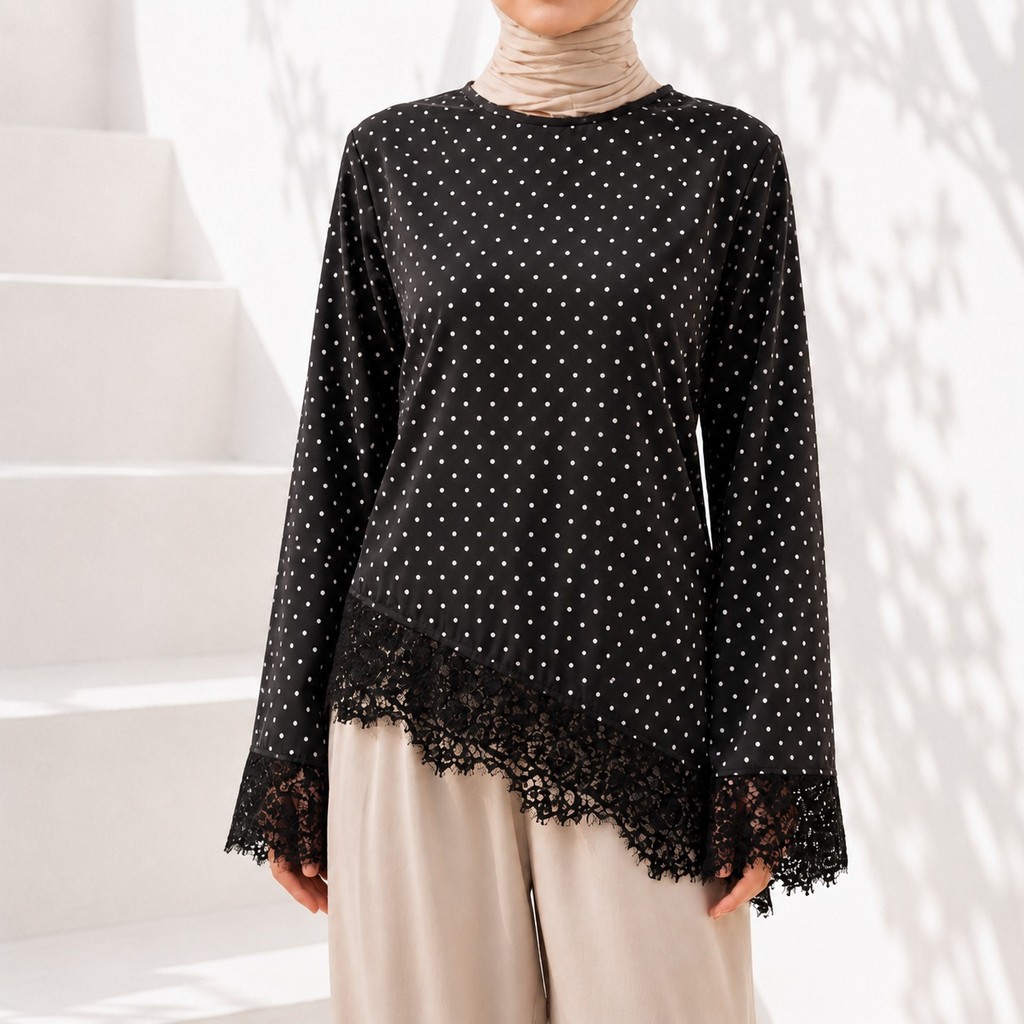 Vallina Outfit Selena Blouse Silk Lace Top Polka Asimetris Long Sleeve Satin Lengan Panjang Wanita Korean Style