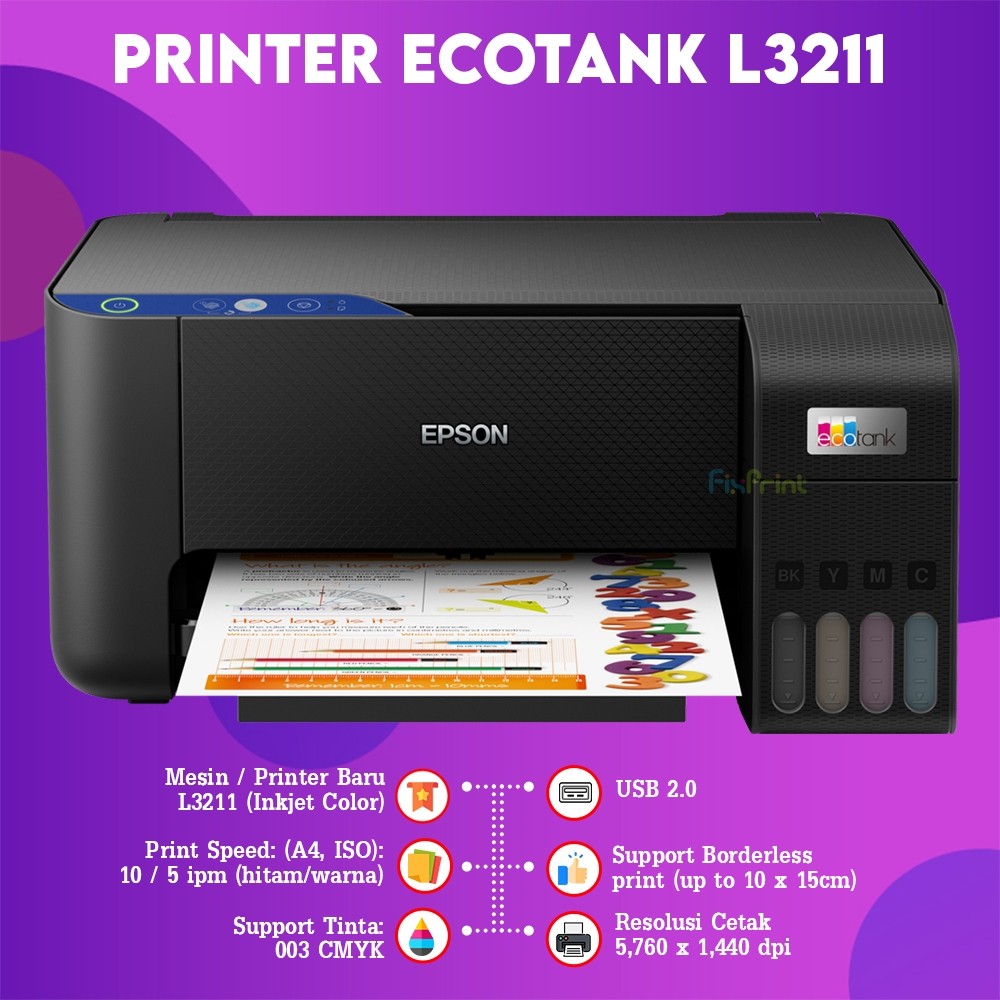 FixPrint Epson Printer L3210 L3211 Hitam AIO Print Warna Infus Modif Inktank Pabrik RESMI / L121 InkTank A4 - Gambar 3