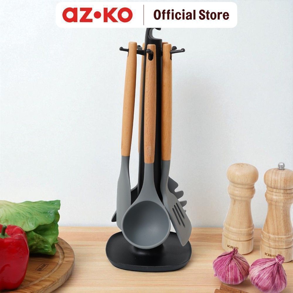 AZKO Culinart Peralatan Masak Silikon Dengan Rotating Stand Set 6 pcs - Abu-Abu Cooking Set Kitchenware Alat Dapur Cookware