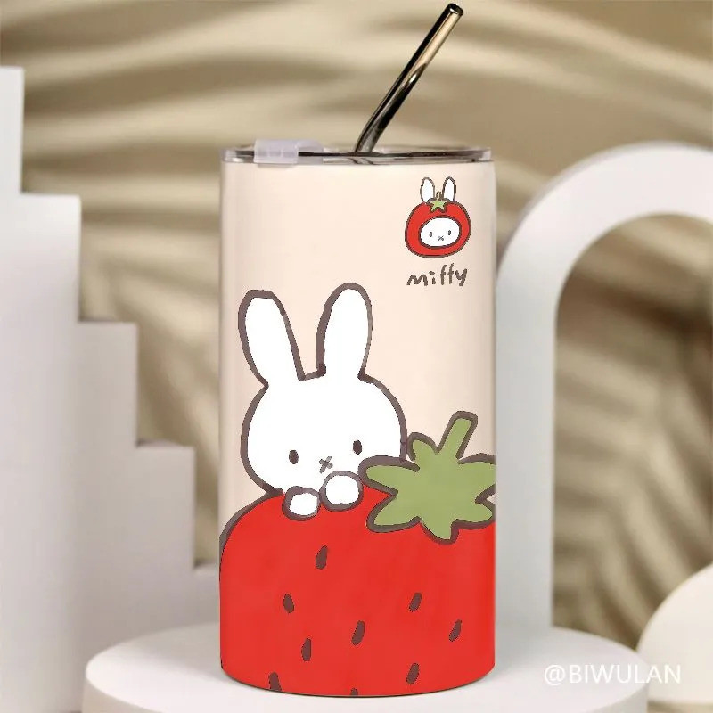 M Q Red Strawberry Miffy Rabbit Thermos Cup ins Niche Coffee Cup Dual ...