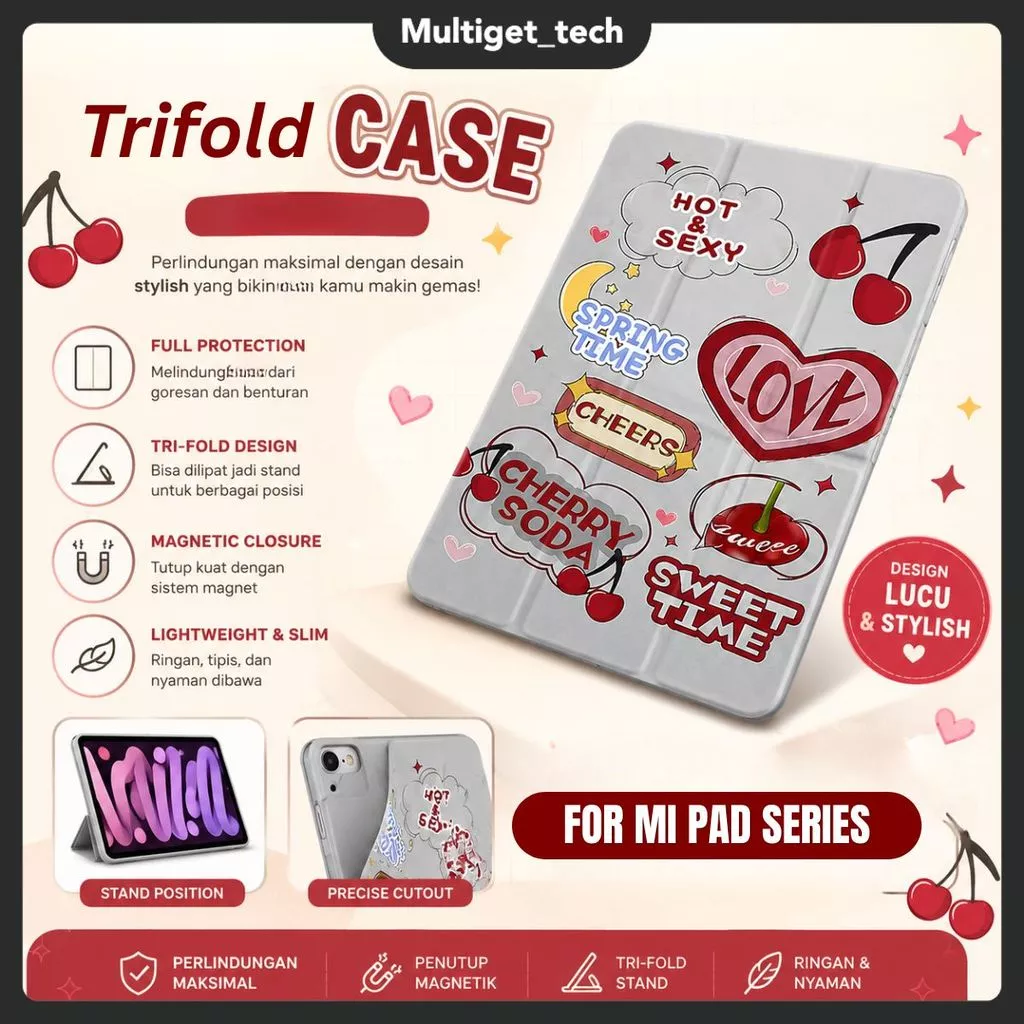 Case Matte Love Cherry Redmi Pad 2 11" / Xiaomi pad 5 6 7 / 7 Pro 11.2" / Redmi Pad SE 11" / Pad SE 8.7" / Redmi Pad 10.61" Flip Cover Trifold Korean Aesthetic Cover Magnetic