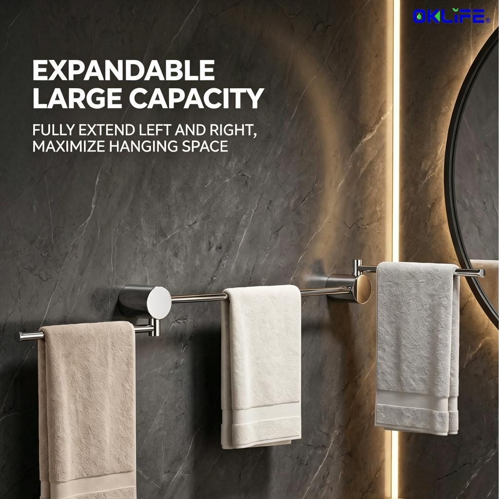 Wall Mount Double Towel Bar 180° Rotatable Swivel Stainless Steel Towel Rack for Bathroom Organizer view 3