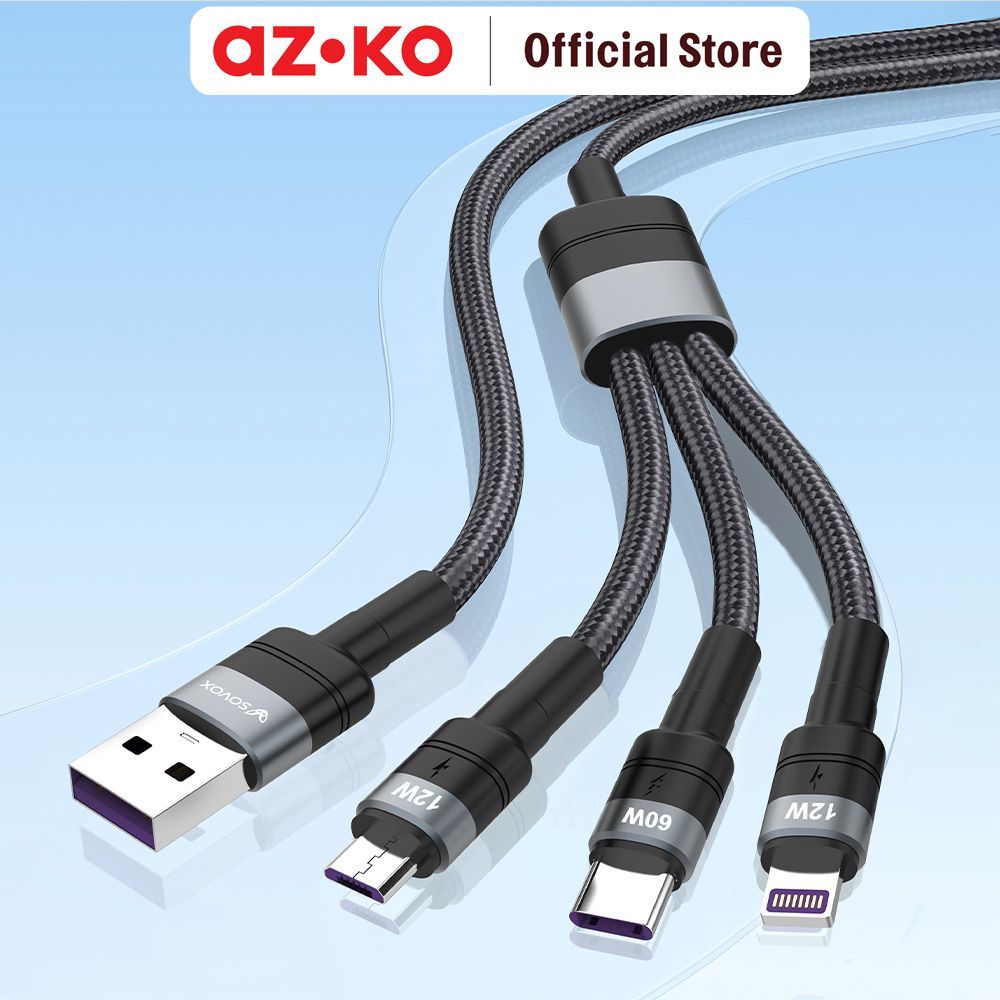 AZKO Sovox Kabel Charger 3in1 60 Watt 1.2 Meter - Hitam Charging Cable Kabel Casan USB Charger Data Cable - Gambar 2