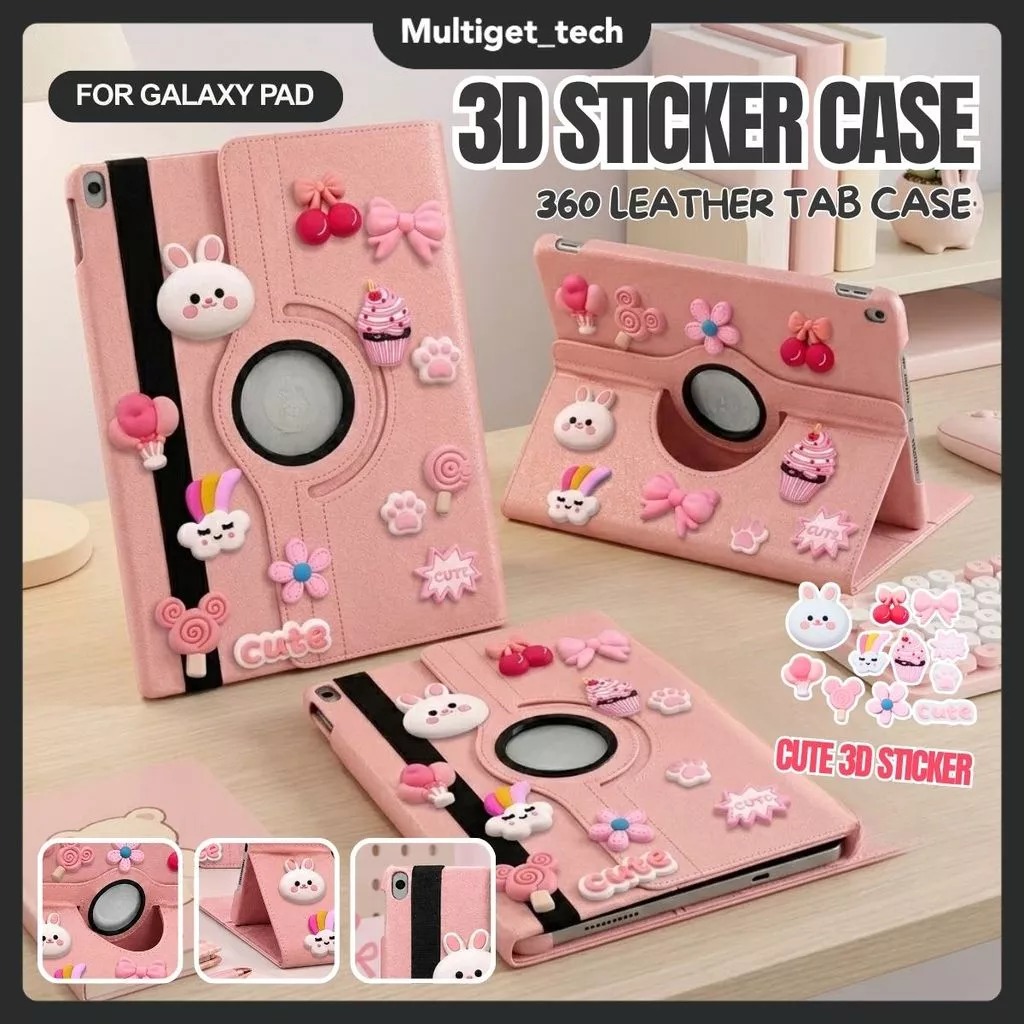 360 Leather 3D Rabbit Pink Lucu Samsung A11+ 11" S6Lite 10.4" A8 10.5" A9 8.7" A7LITE 8.7" 3D Sticker Flip Cover Rotary