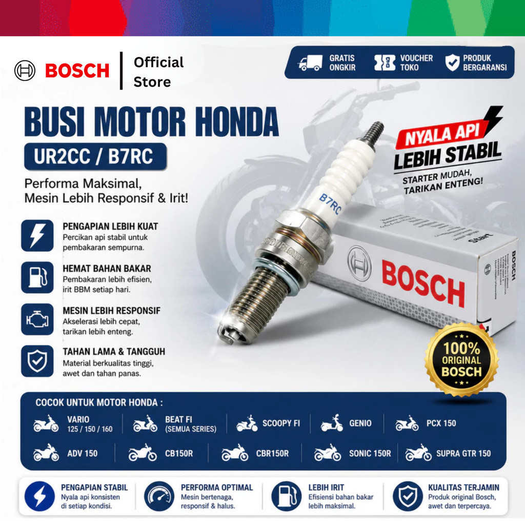 Bosch UR2CC - B7RC Spark Plug Busi Motor Honda Vario 125, 150, Beat FI Semua Series, Scoopy FI, Genio, PCX 150, ADV 150, CB150R, CBR150R, Sonic 150R, Supra GTR 150 - Original - Gambar 4
