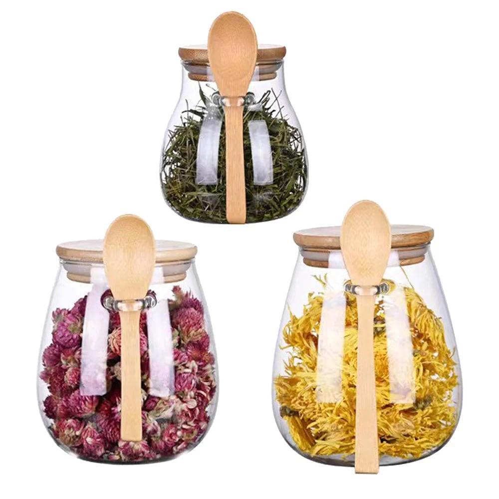 350/600/1000ml Airtight Glass Jar Storage Container with Bamboo Lid Food Storage Pots for Coffee Beans Tea Grains Dried Fruits