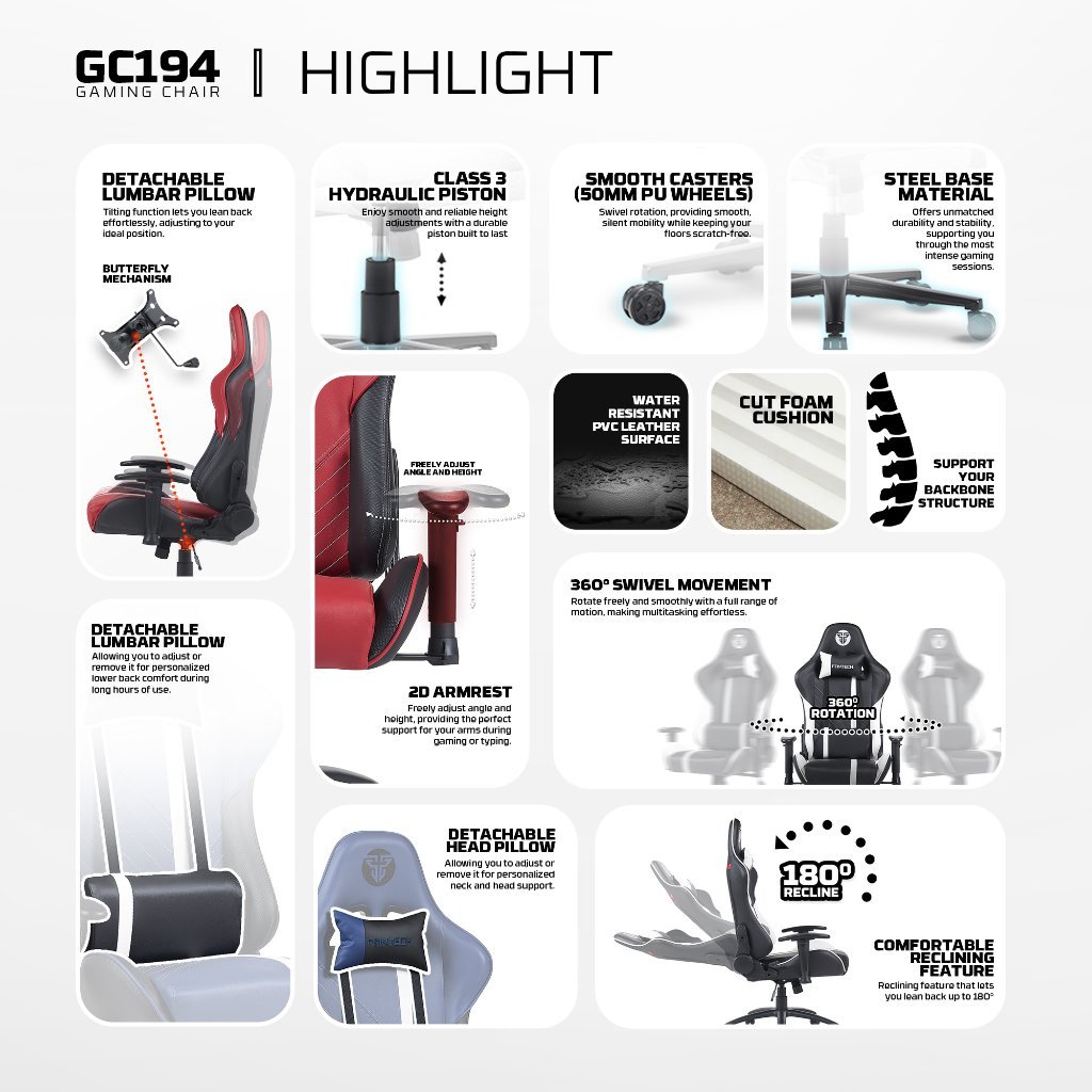 Fantech GC194 / GC-194 Kursi Gaming Ergonomis Recline 180 Derajat Steel Base 2D Armrest Free Head Pillow Lumbar Support - Gambar 2