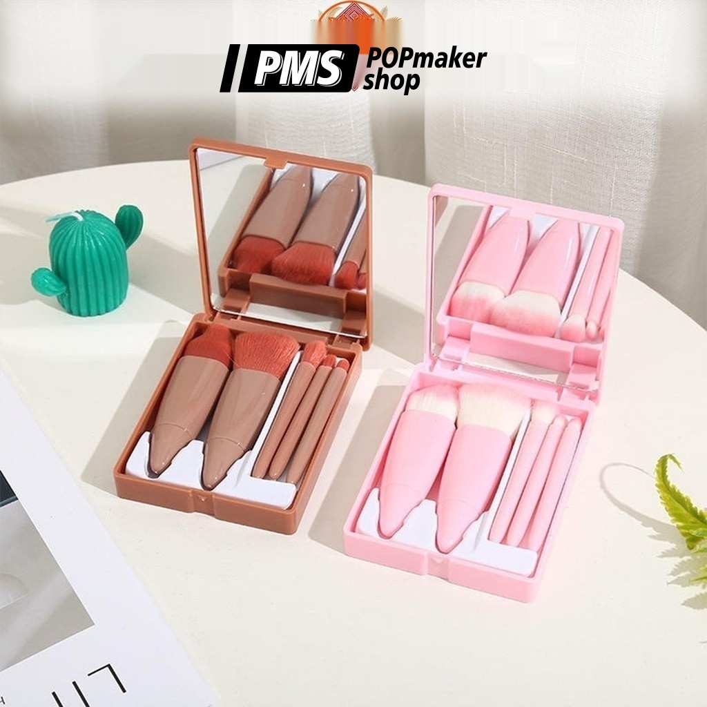 PoPmaker shop kuas makeup portable dengan cermin praktis lembut bulu halus aplikasi rata kosmetik cantik wanita H457 COD - Gambar 3