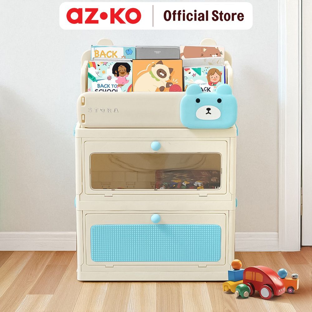 AZKO Stora Rak Buku Anak Dengan 2 Laci Bear - Biru Bookshelf Susun Rak Bacaan Shelf Buku Lemari Buku