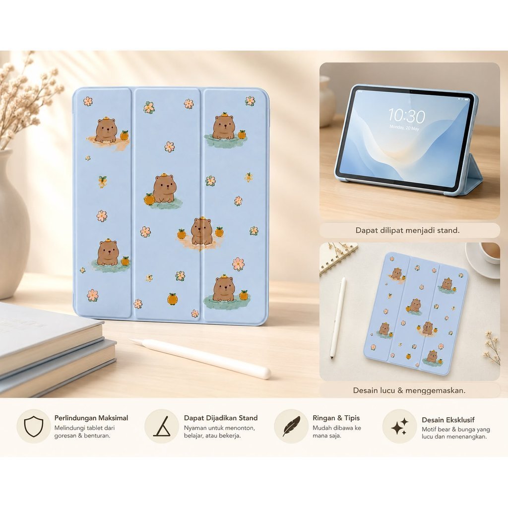 Cartoon Lucu Capybara Case iPad Gen 11" Gen 7 8 9 10.2" Air 4 5 6 Gen 10th 10.9" Cover Tablet Cute Pro 11" Mini 1 2 3 4 5 6 7  Auto Sleep Wake Trifold - Gambar 3