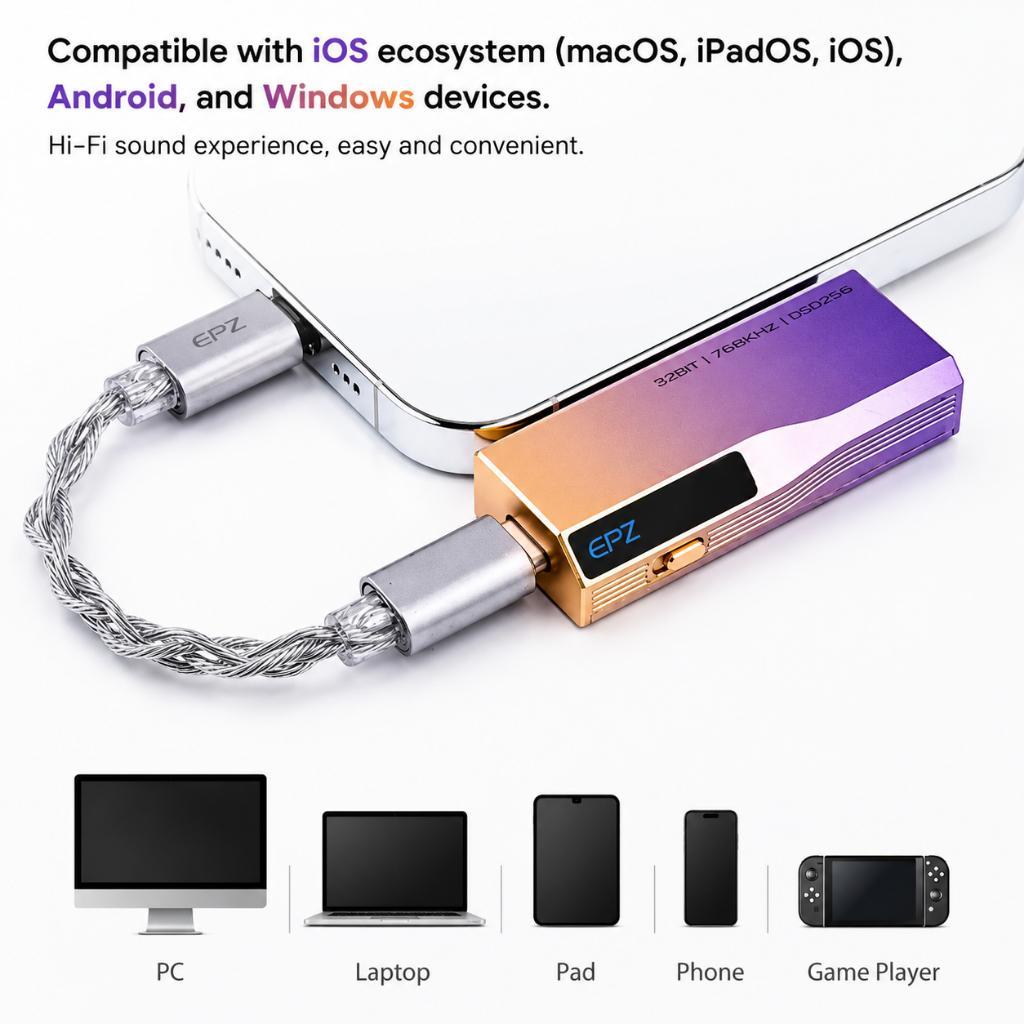 EPZ TP55 Dual CS43198 Portable DAC AMP USB C to 3.5mm & 4.4mm Hi-Res Audio Decoder - Gambar 4