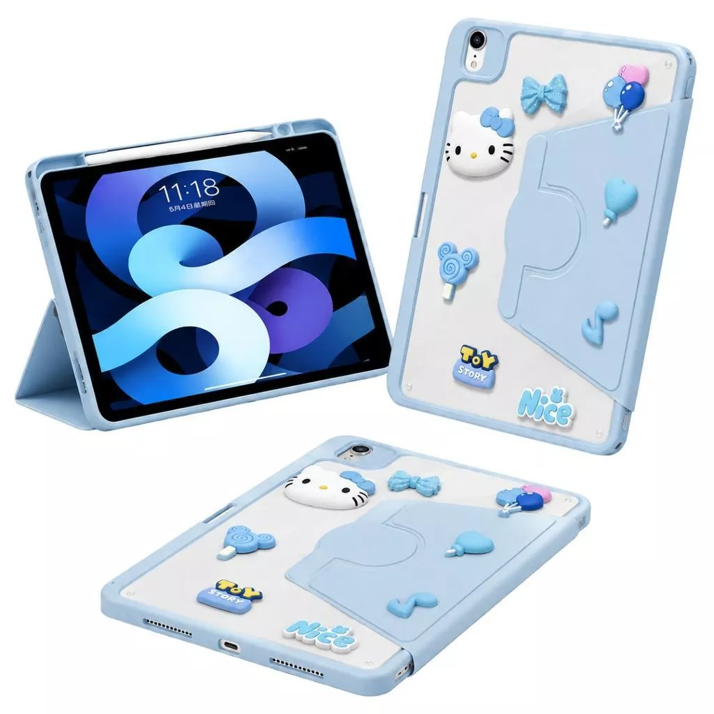 Case Kitty Blue 360° Cute 3D Character All Type iPad Samsung Xiaomi Redmi Multifungsi Stand Anti Bentur Magnetic Slot Pen - Gambar 3