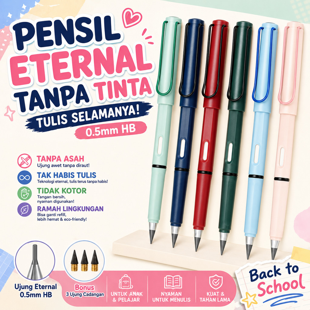 Pensil Eternal Tanpa Tinta 0.5mm HB – Macaron Cantik Tanpa Asah Ujung Ganti Refill – Pensil Tak Habis Tulis Tahan Lama Tidak Kotor – untuk Anak Pelajar Sekolah – Back to School Alat Tulis