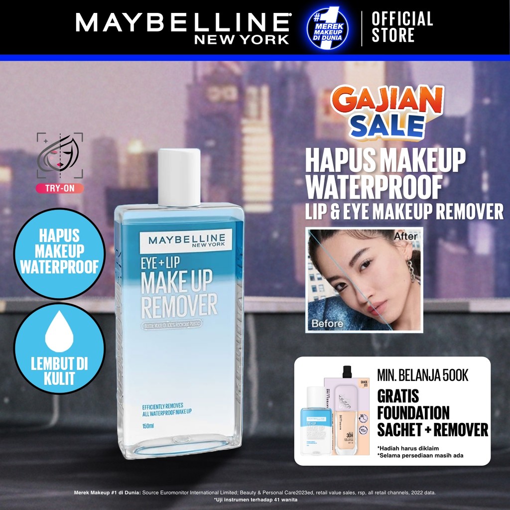 MAYBELLINE OFFICIAL Lip & Eye Makeup Remover - 70/150 ml / Mudah Hapus Make Up Waterproof Cocok Untuk Mata Sensitif Lembut di Kulit / 150ml