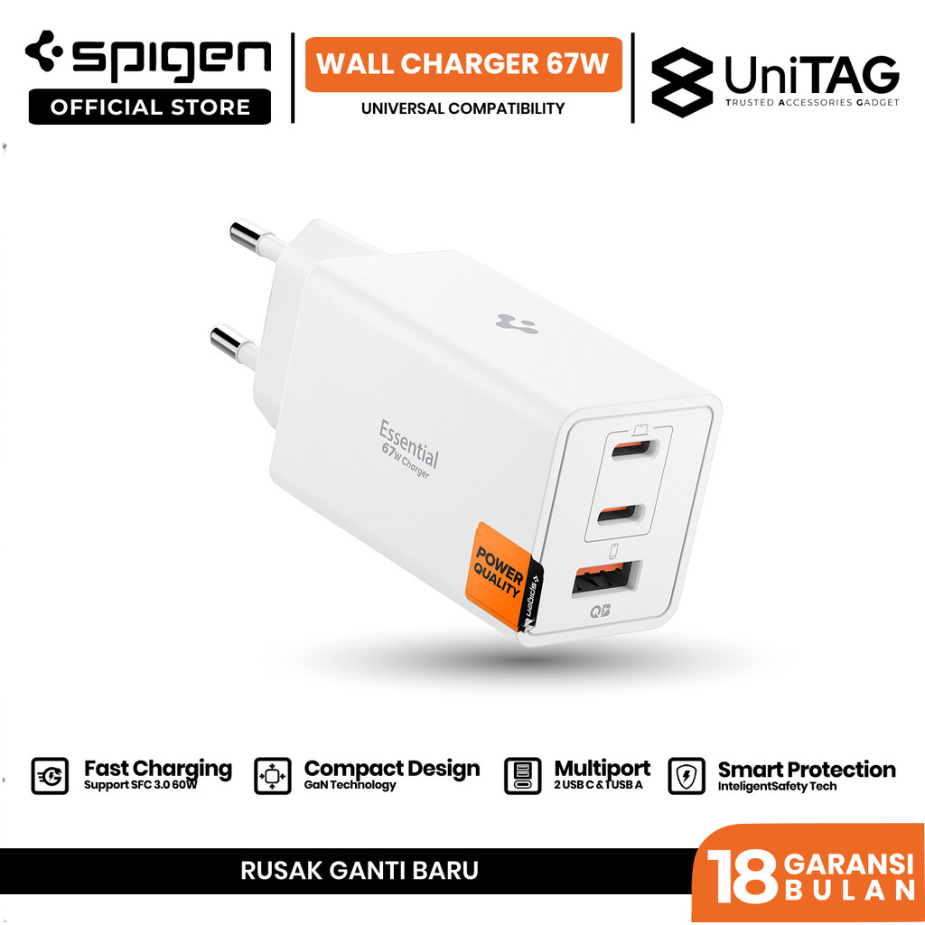 SPIGEN Adaptor GAN 67W Multi Port USB A Type C Super Fast Charging 2.0 Wall Charger Universal Compatibility for iPhone Samsung Macbook Laptop