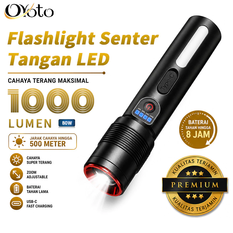 Flashlight Senter LED 80W Cahaya Super Terang Jarak Sorot Jauh Isi Ulang dengan Mode Cahaya Ganda