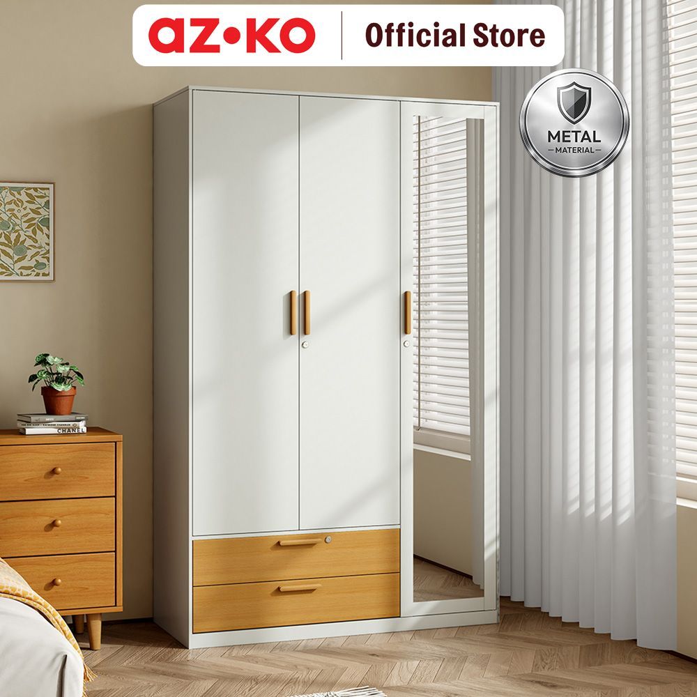 AZKO Stora Lemari Pakaian Japandi 3 Pintu Dengan 2 Laci 120x50x195 cm - Putih Lemari Baju Almari Baju Lemari Kamar Lemari Minimalis Wardrobe