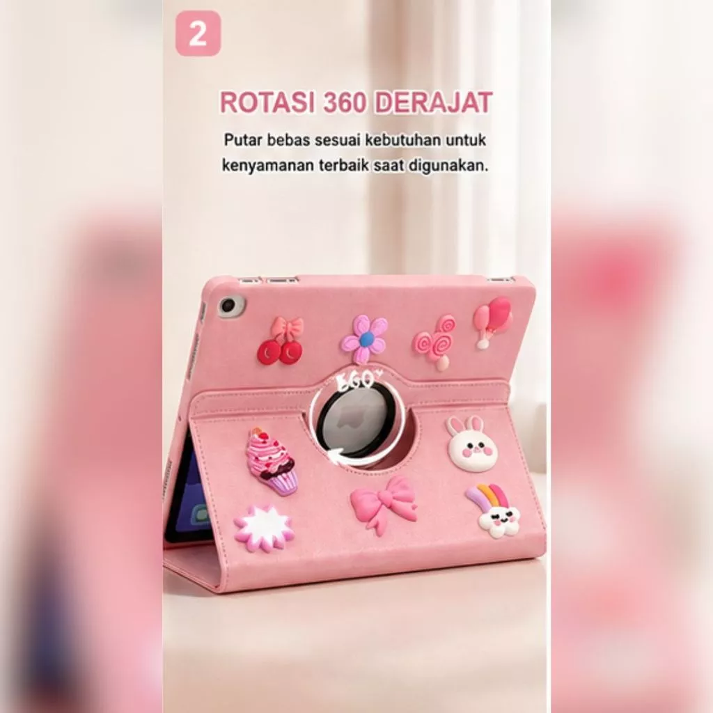360 Leather 3D Rabbit Pink Lucu Samsung A11+ 11" S6Lite 10.4" A8 10.5" A9 8.7" A7LITE 8.7" 3D Sticker Flip Cover Rotary - Gambar 3