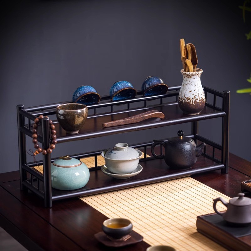 [48H Shipping] Desktop Tea Set Storage Rack Solid Wood Chinese Style ...