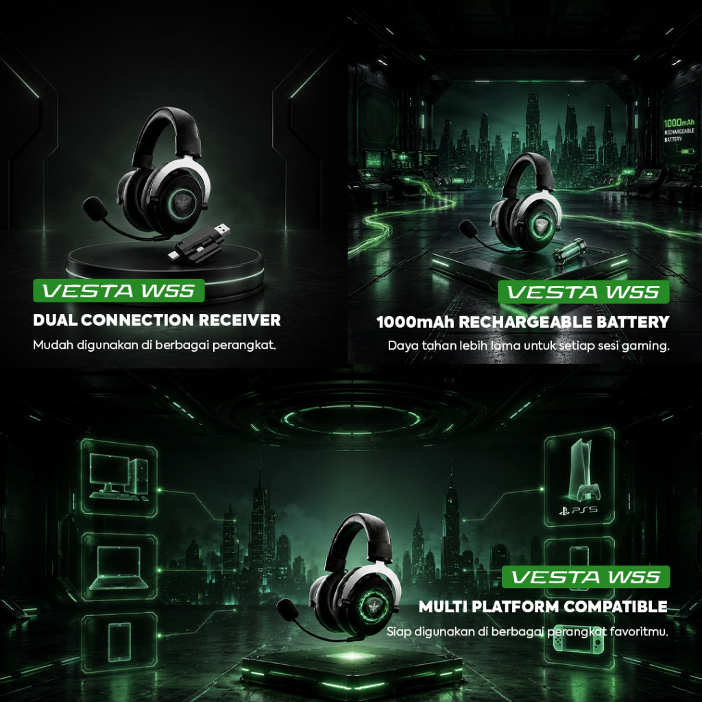 NYK NEMESIS VESTA W55 / W-55 Headset 3 Mode Connetion Immersive Sound Detachable Microphone for PC Laptop Console - Gambar 4