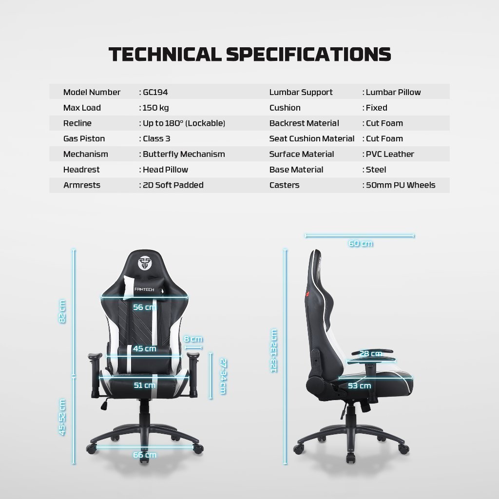 Fantech GC194 / GC-194 Kursi Gaming Ergonomis Recline 180 Derajat Steel Base 2D Armrest Free Head Pillow Lumbar Support - Gambar 3