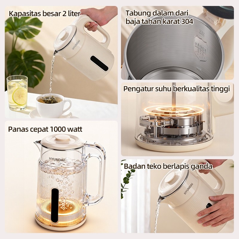 HYUNDAI teko listrik tekoeh jug 304 bahan food grade kettle pemanas air 2L teapot teko air minum - Gambar 3
