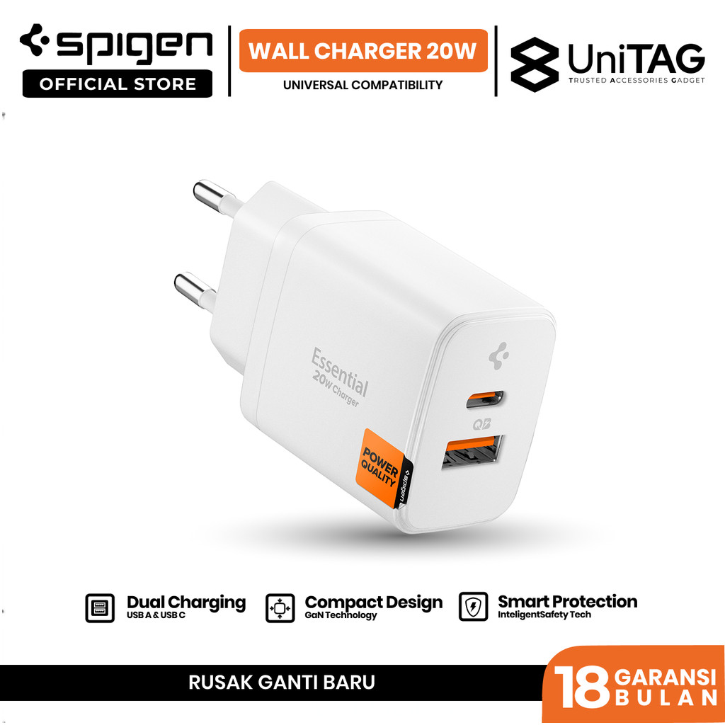 SPIGEN Adaptor GAN 20W Dual Port USB A Type C Fast Charging Wall Charger Universal Compatibility for iPhone Samsung