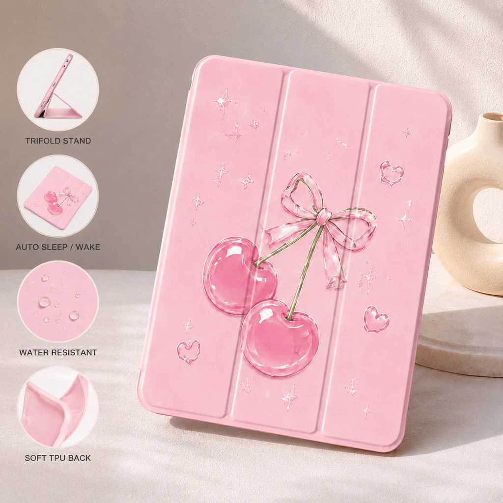 Big Cherry Pattren Cute For iPad Gen 11thn 10 9 8 7 6 5 / Air 4/5/6 Mini 1 2 3 4 5 6 7 Pro 11" Smart Cover Magnetic Auto Wake Up Trifold - Gambar 4