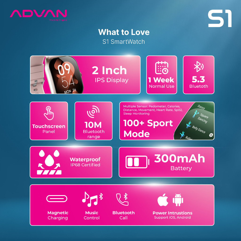 ADVAN Smartwatch S1 V2 / S1 V-2 IPS 2.01” Curve Display with Ai Voice Bluetooth Calls 100+ Sports Modes Long-lasting Battery - Gambar 2
