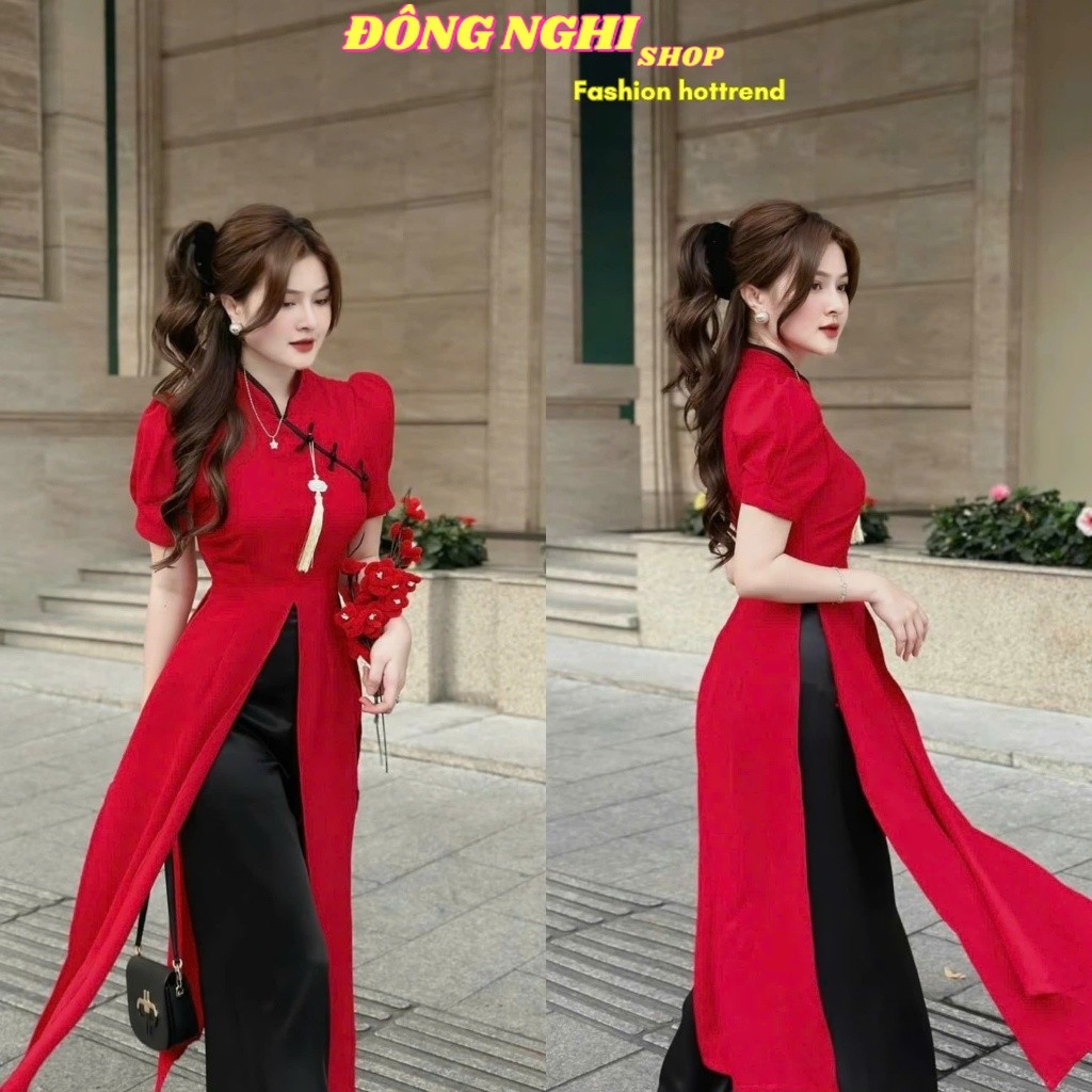 QC_ Red modern ao dai, CNY wear, Tuyet Nhung ao dai Set with train ...