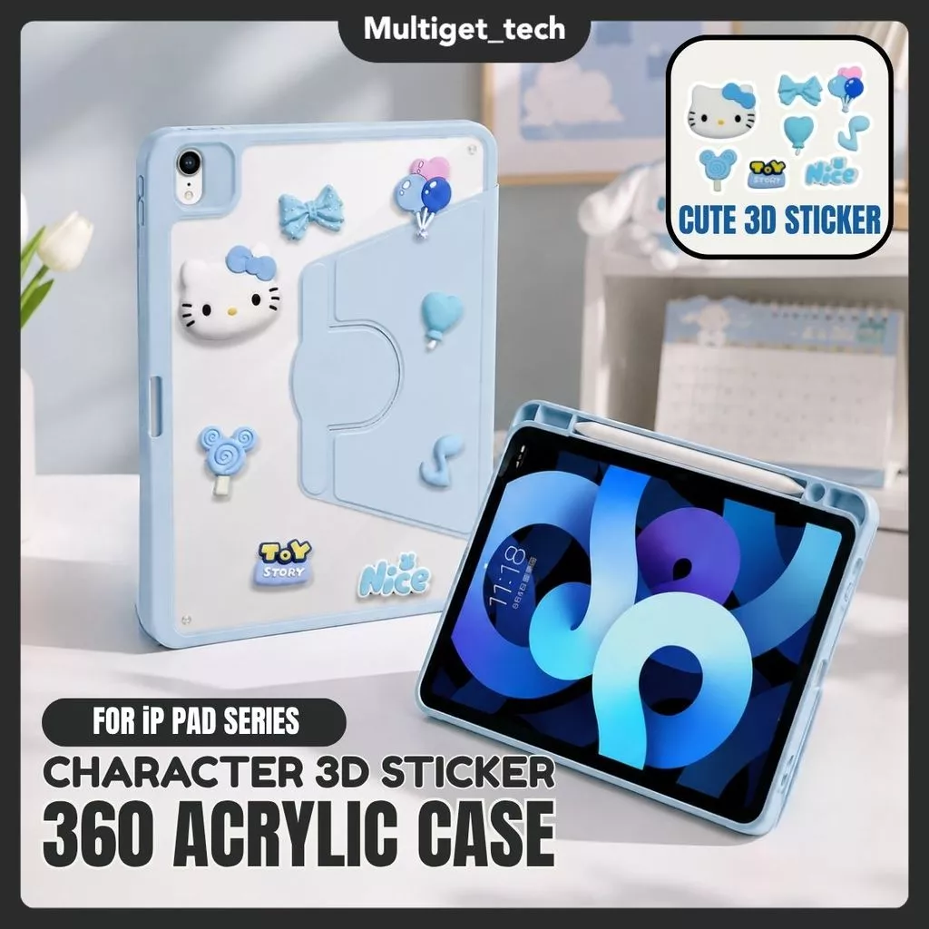 Case Tab Hello Kitty Premium 3D iPad Gen 10/11 Gen 9/8/7 Air 4/5/6 10.9 Air 6 11" Cover Transparan Shockproof Magnetic Stand Pencil Holder