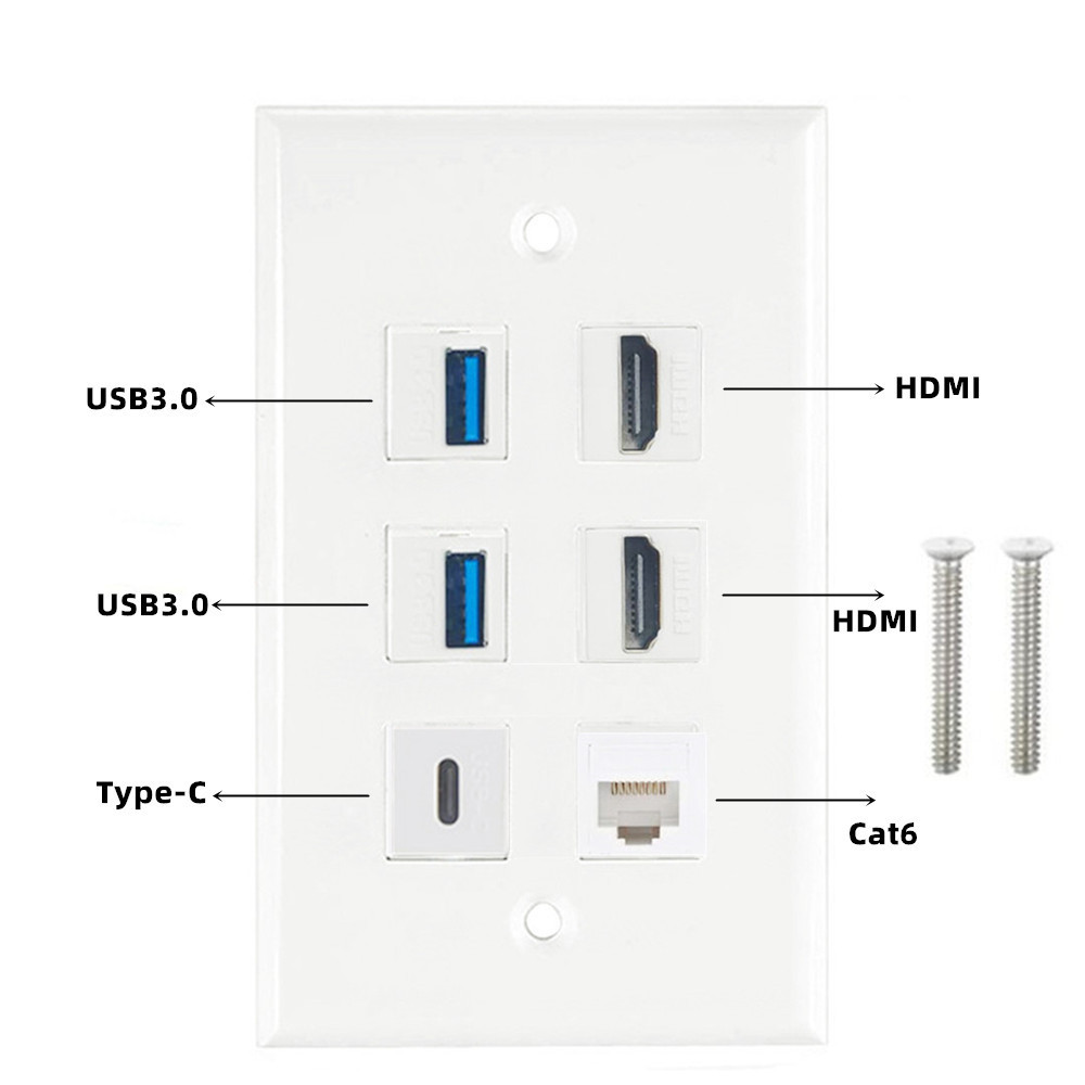 6-Port Combination Wall Plug Panel 2-Port HDMI HD Audiovisual+Dual USB3 ...