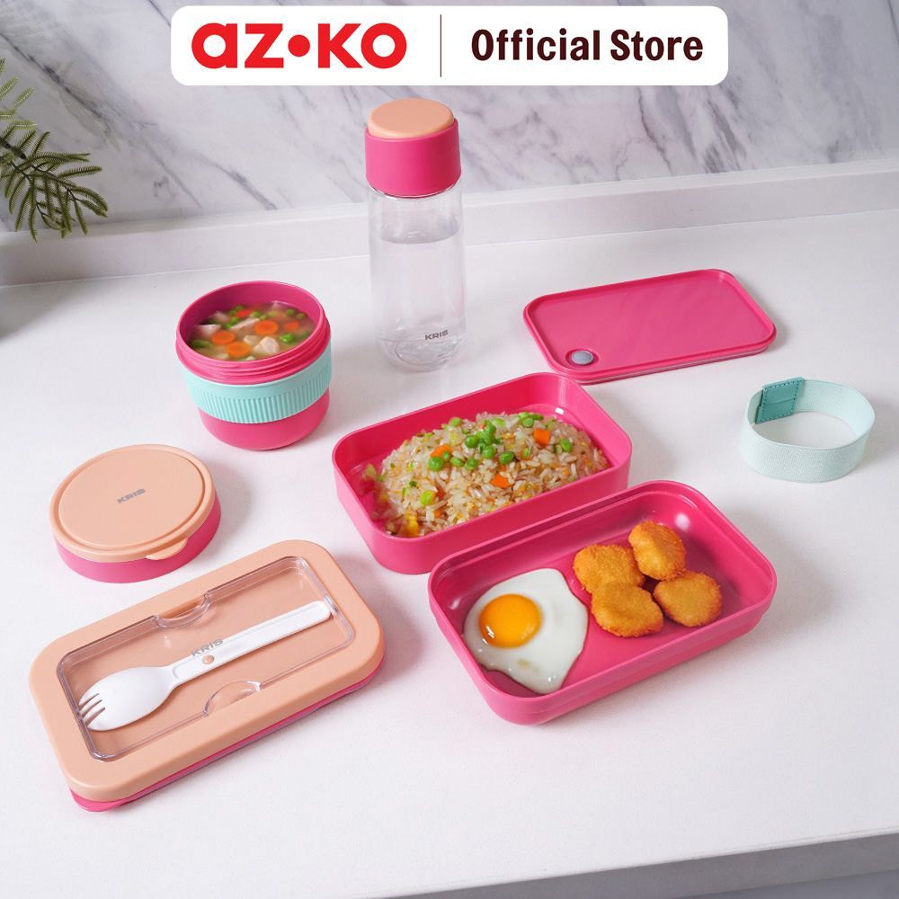 AZKO Kris Baggie Set Kotak Makan Dengan Botol Minum Plastik - Pink Bento Box Meal Box Tempat Bekal Lunch Box Kotak Bekal - Gambar 3