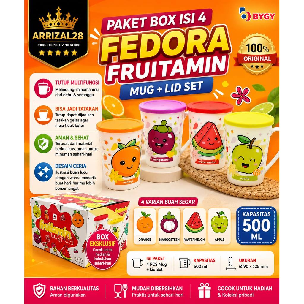 (BUBBLEWRAP) PAKET BOX ISI 4 / FEDORA FRUITAMIN MUG + LID SET - Gambar 3