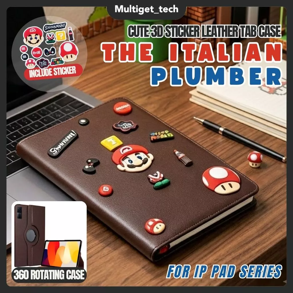 Case Leather Rotating 360 iPad Gen 11th Gen 10 10.9" Air 4/5/6 10.9" Pro 11 Inch Case Mini 1 2 3 4 5 6 7 3D Mario Stiker Stand Lipat Anti Gores Full Protection