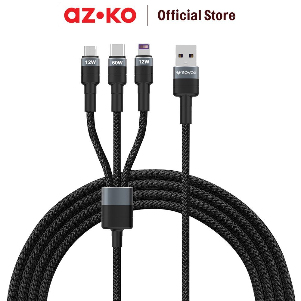 AZKO Sovox Kabel Charger 3in1 60 Watt 1.2 Meter - Hitam Charging Cable Kabel Casan USB Charger Data Cable - Gambar 4