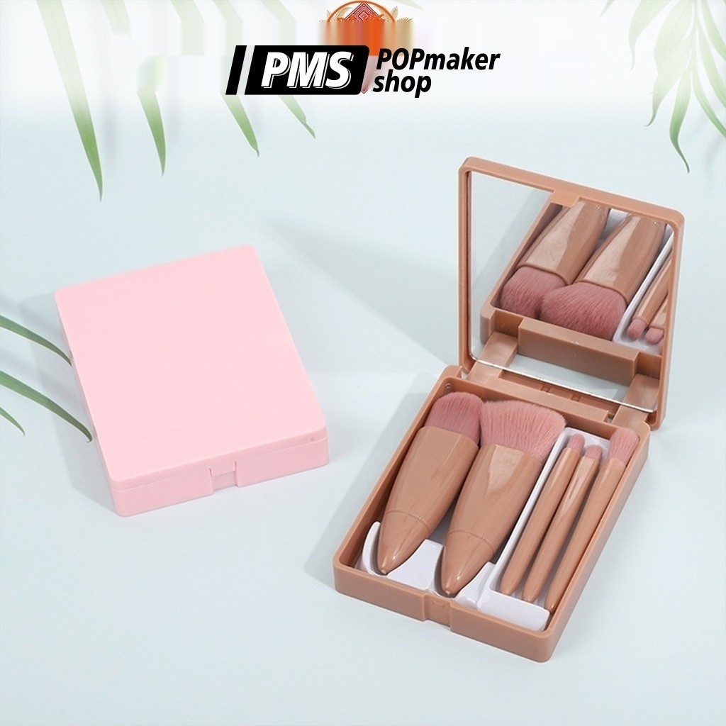 PoPmaker shop kuas makeup portable dengan cermin praktis lembut bulu halus aplikasi rata kosmetik cantik wanita H457 COD - Gambar 2