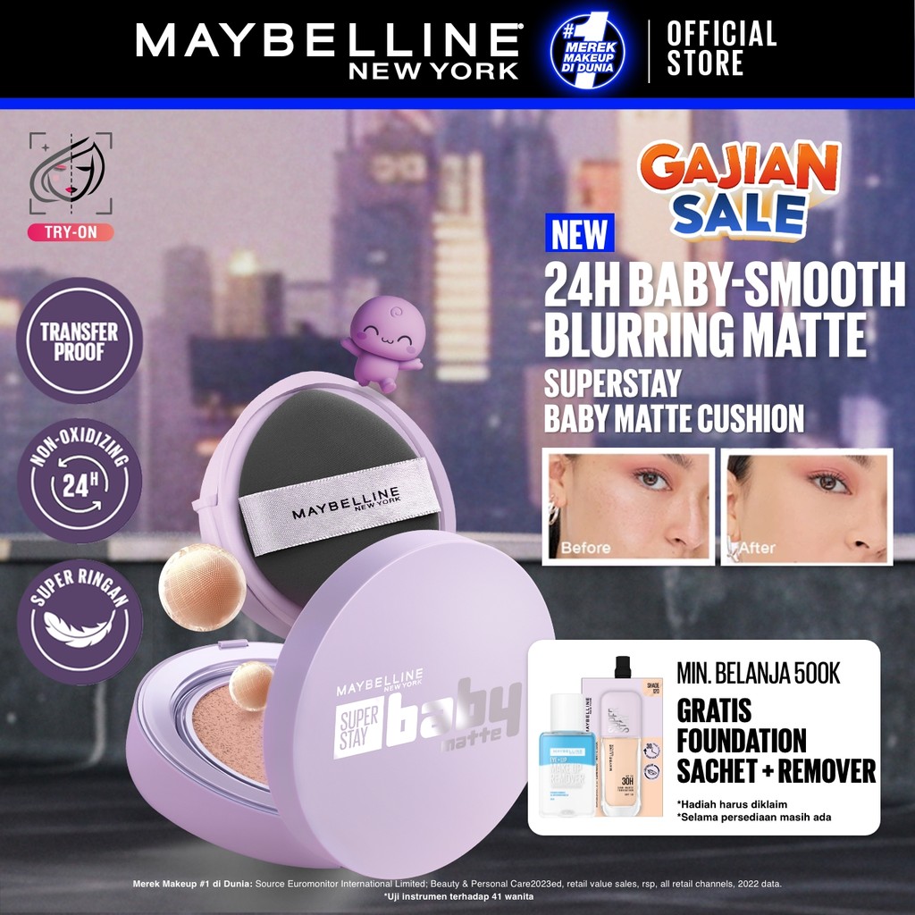 MAYBELLINE OFFICIAL Superstay Baby Matte Cushion 24H Baby Smooth Blurring Matte Oil Control Full Coverage Refill Transferproof Waterproof Matte Makeup Tidak Transfer Minim Oksidasi Cocok Untuk Kulit Berminyak Kulit Kering