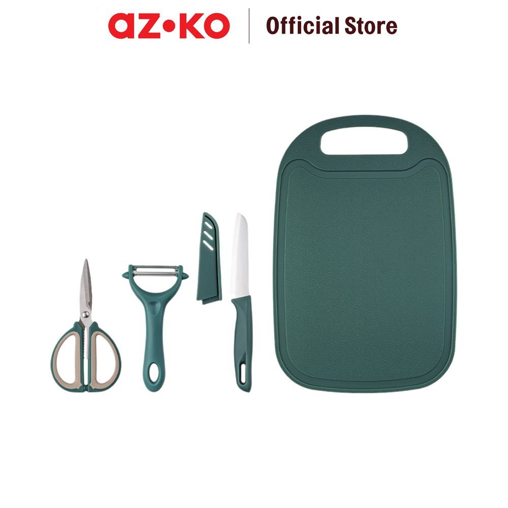 AZKO Culinart Pisau Dapur Dengan Talenan Set 4 pcs - Hijau Chef Cutter Utility Slicer Kitchen Slicer Alat Iris