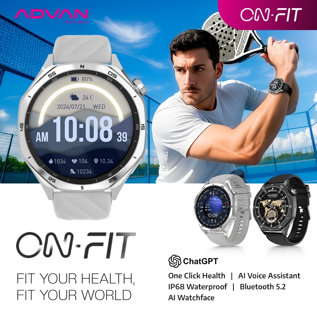 ADVAN Smartwatch On Fit / Jam Tangan Pintar 1.53" inch Display / AI Voice ChatGPT / Strava & Google Fit / 400mAh Battery / Bluetooth Call / IP68 Waterproof / 100+ Sports Mode / Baterai 7 Hari / Garansi Resmi 1 Tahun