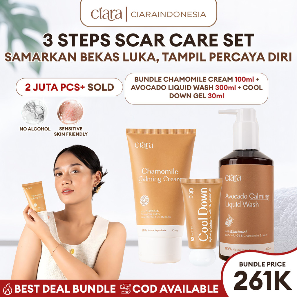 Ciara Cool Down Hydrating Calming Gel X Ciara Avocado Calming Liquid Wash X Chamomile Calming Cream / Membantu menyamarkan tampilan bekas luka pada kulit / Bantu menjaga kelembapan & hidrasi kulit / Bantu mengurangi rasa tidak nyaman pada kulit