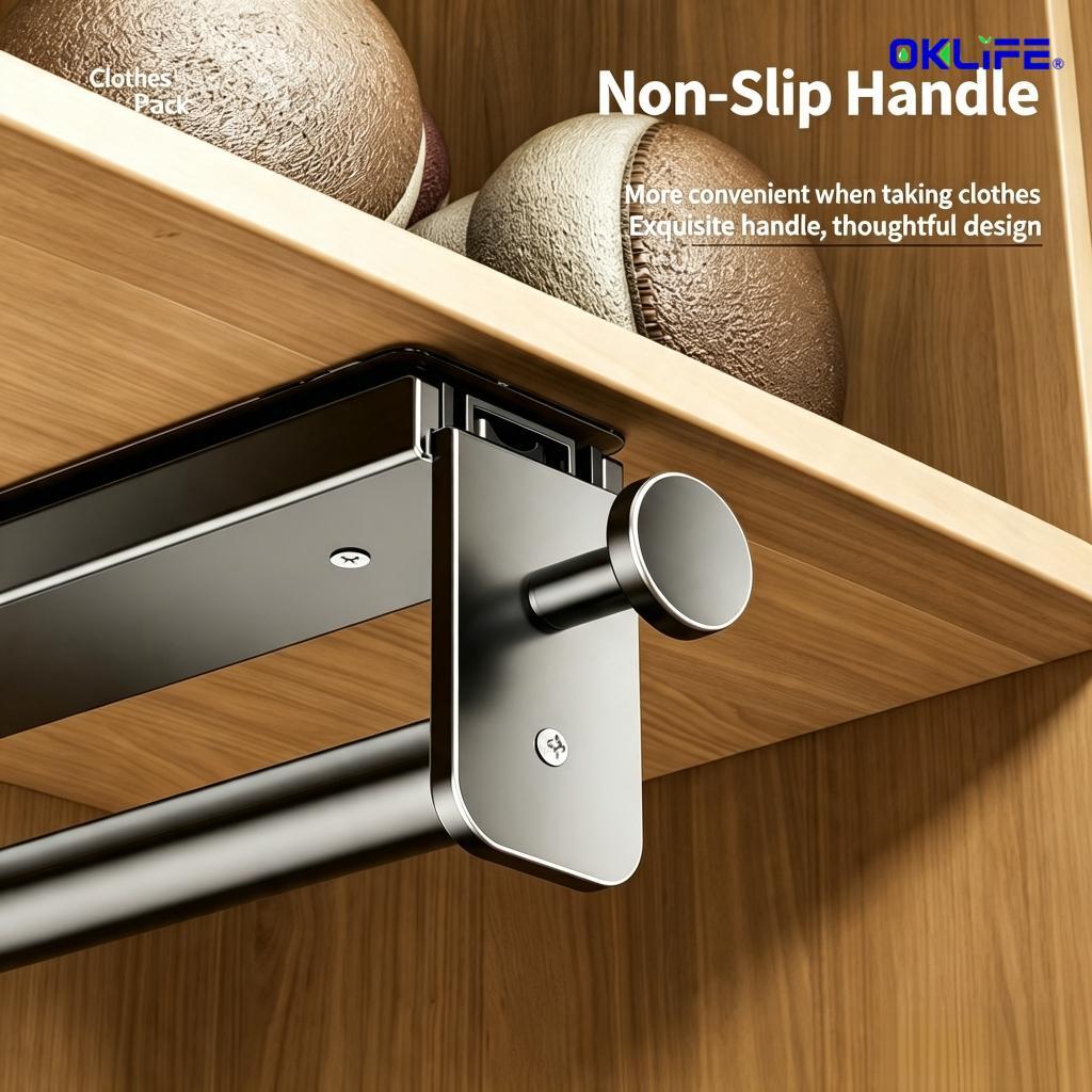 Closet Retractable Pull‑out Hanging Rod Cabinet Top Mount Clothes Hanger Wardrobe Storage Organizer view 5