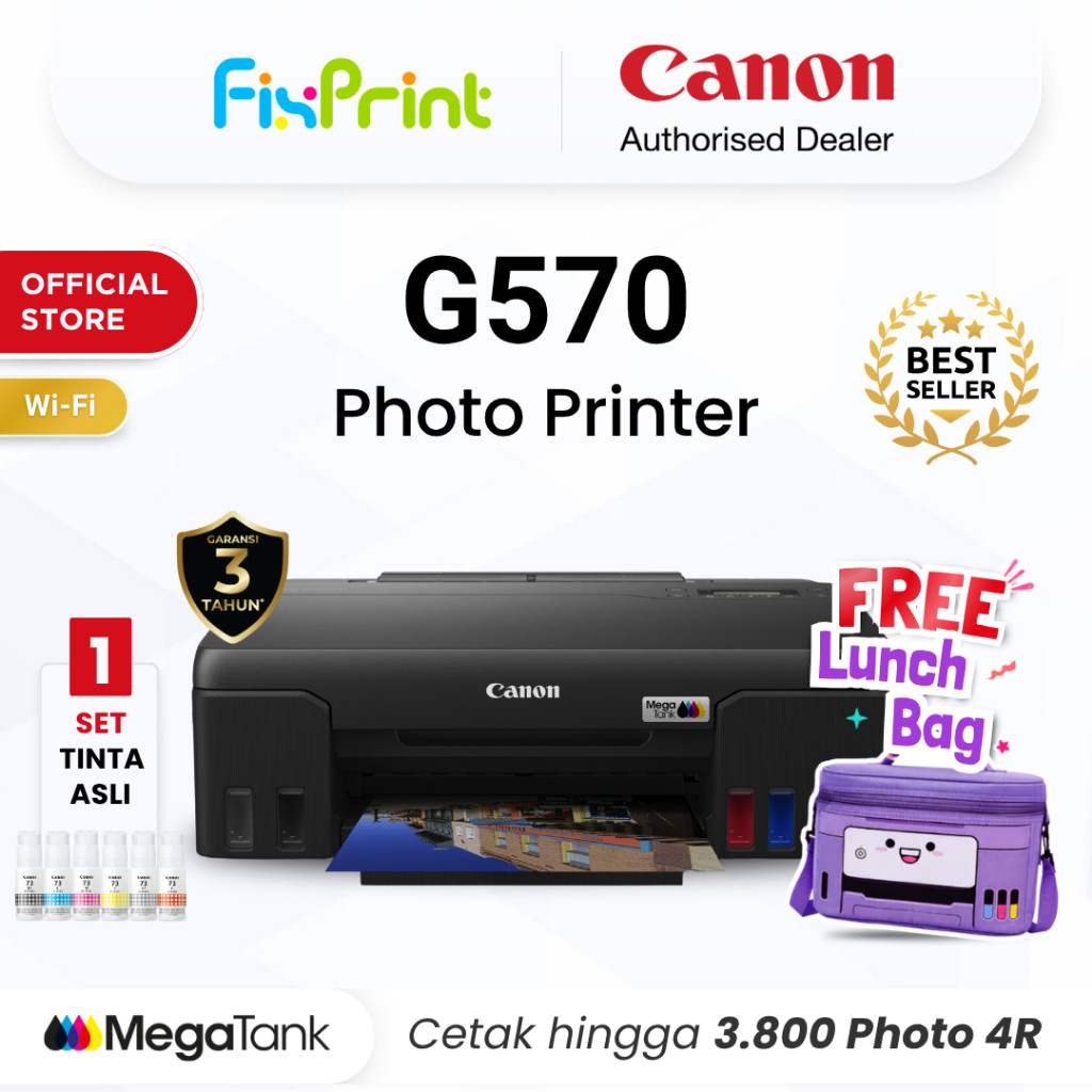 FixPrint Printer Photo Wifi Canon G570 - Ink Tank Cetak Foto 3800 Halaman 4R - 6 Warna Tinta - Garansi 3 Tahun - Photobooth Photobox Studio - Pengganti L800 L8050 SL D530