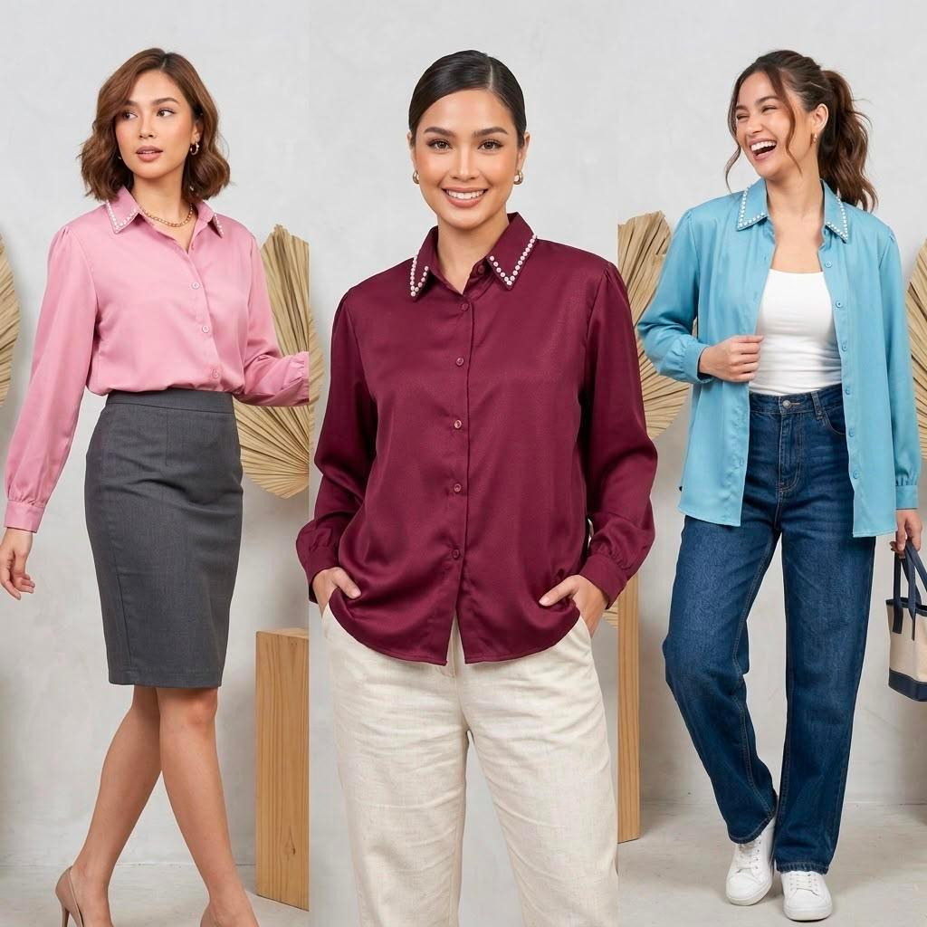 SH NANA Blouse Mutiara Bahan Soft Satin Elegan Kekinian - Gambar 2