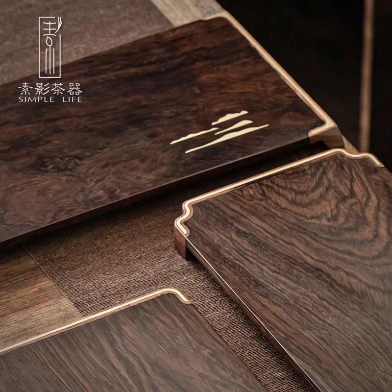 Simple whole solid wood tea tray ebony small tea table household dry foam tray simple tray Japanese practical pot bearing - Gambar 4
